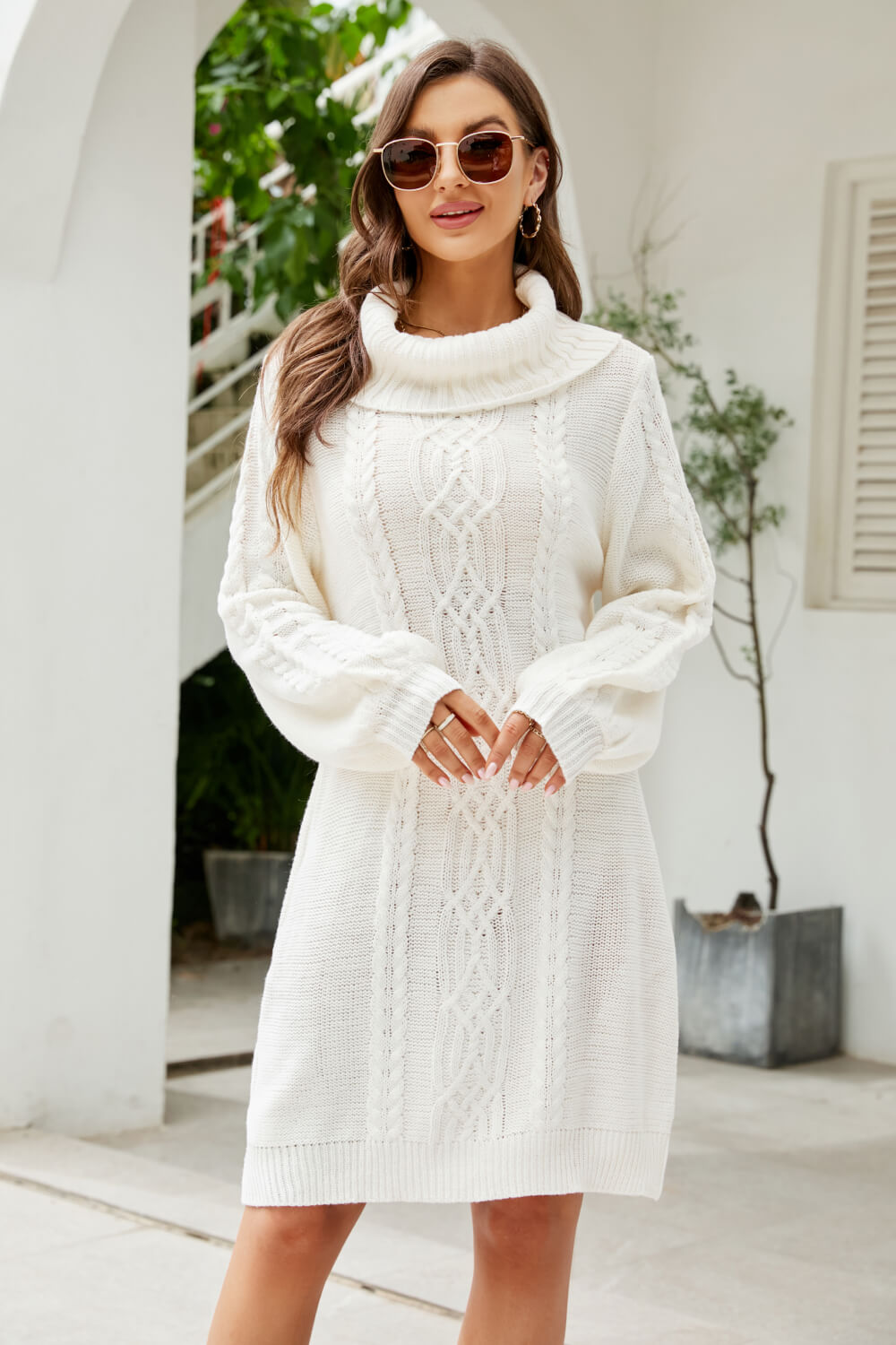 Woven Right Mixed Knit Turtleneck Lantern Sleeve Sweater Dress Trendsi