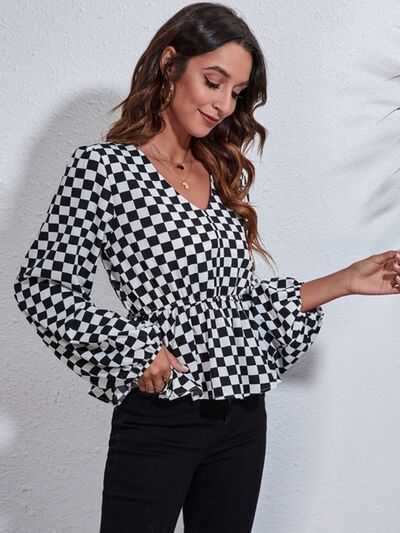 Checkered V-Neck Balloon Sleeve Peplum Blouse Trendsi