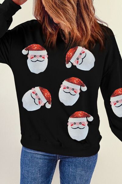 Sequin Santa Patch Round Neck Sweatshirt Trendsi