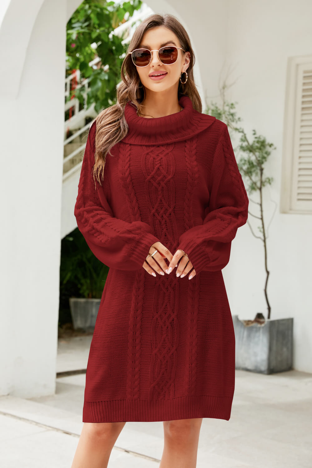 Woven Right Mixed Knit Turtleneck Lantern Sleeve Sweater Dress Trendsi