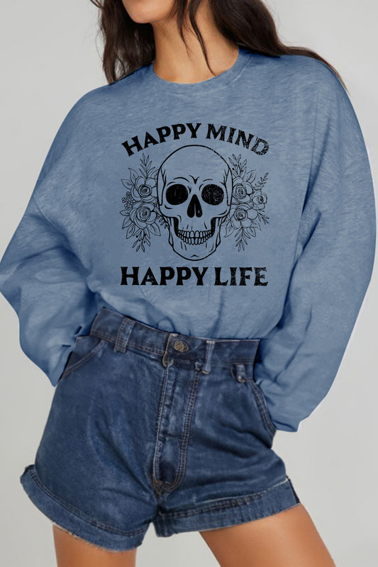 Simply Love Simply Love Full Size HAPPY MIND HAPPY LIFE SKULL Graphic Sweatshirt Trendsi