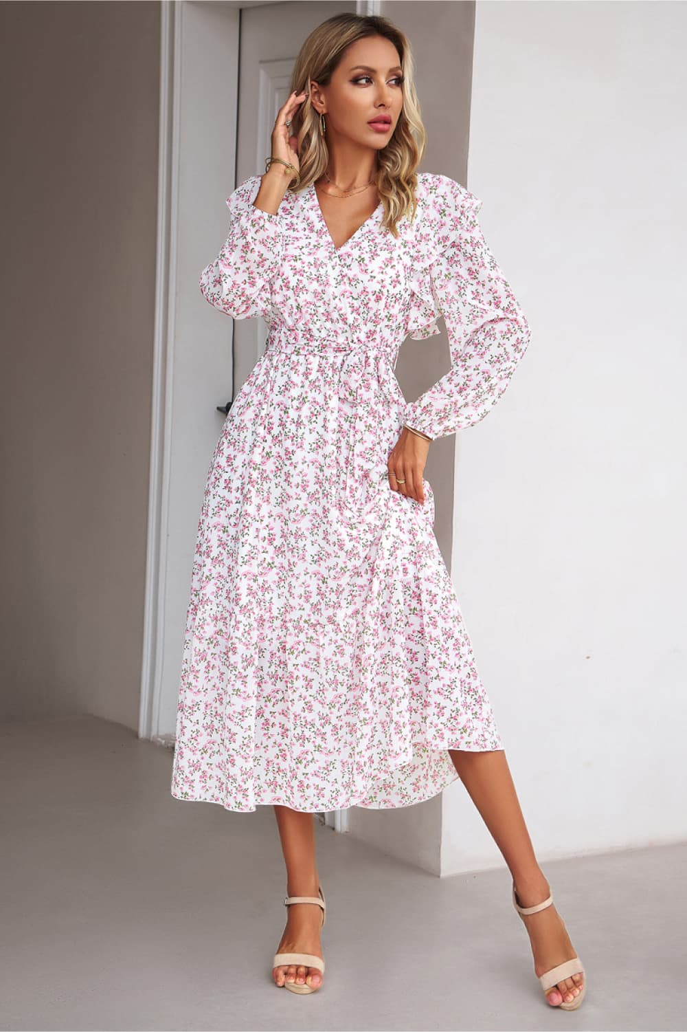 Surplice Neck Balloon Sleeve Midi Dress Trendsi