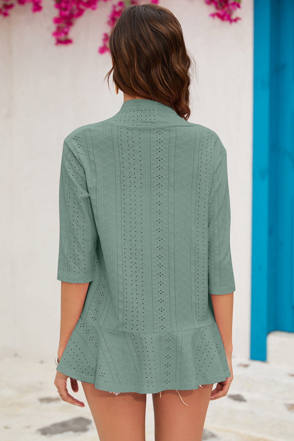Eyelet Open Front Cardigan Trendsi