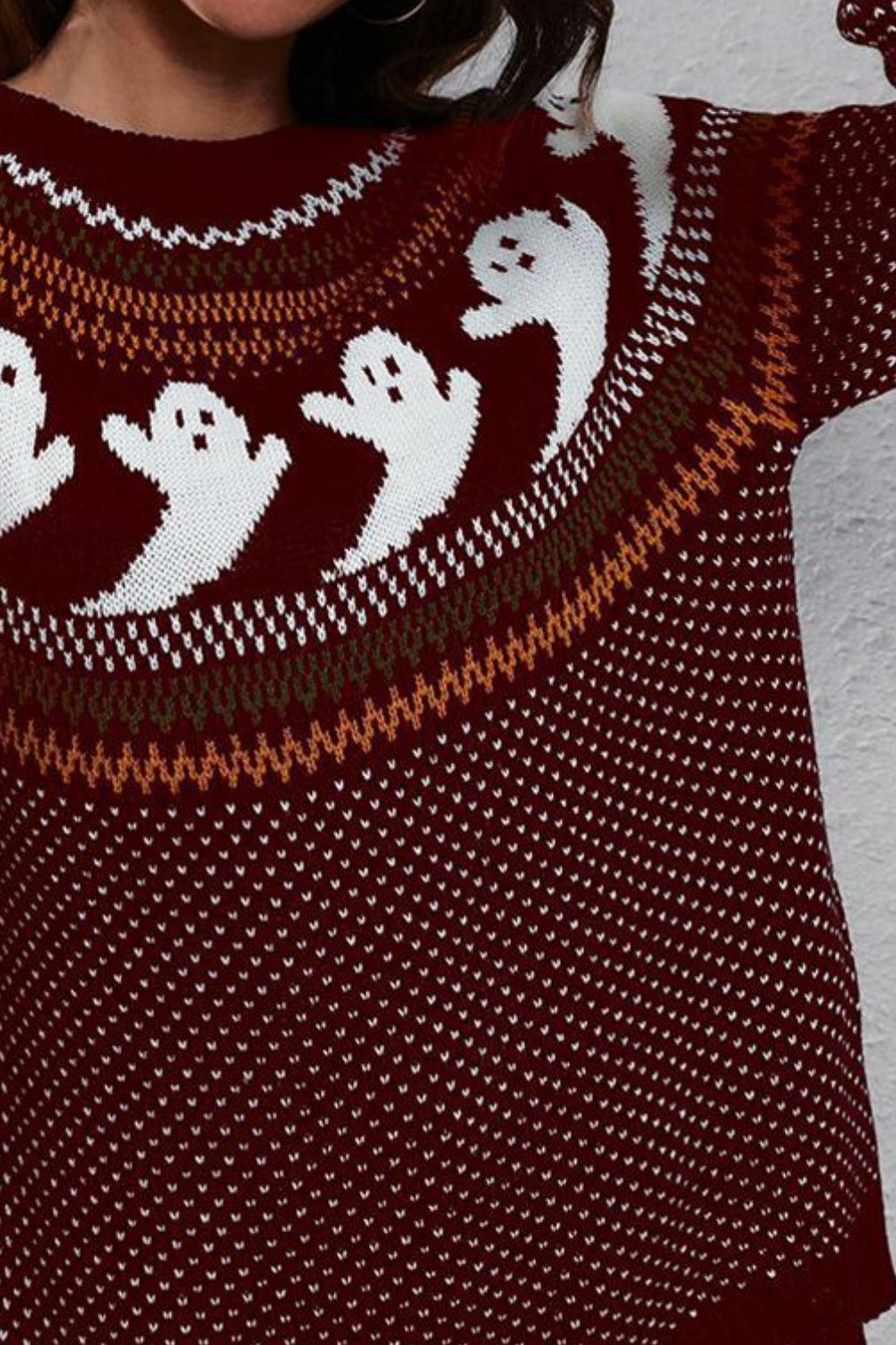 Ghost Pattern Round Neck Long Sleeve Sweater Trendsi