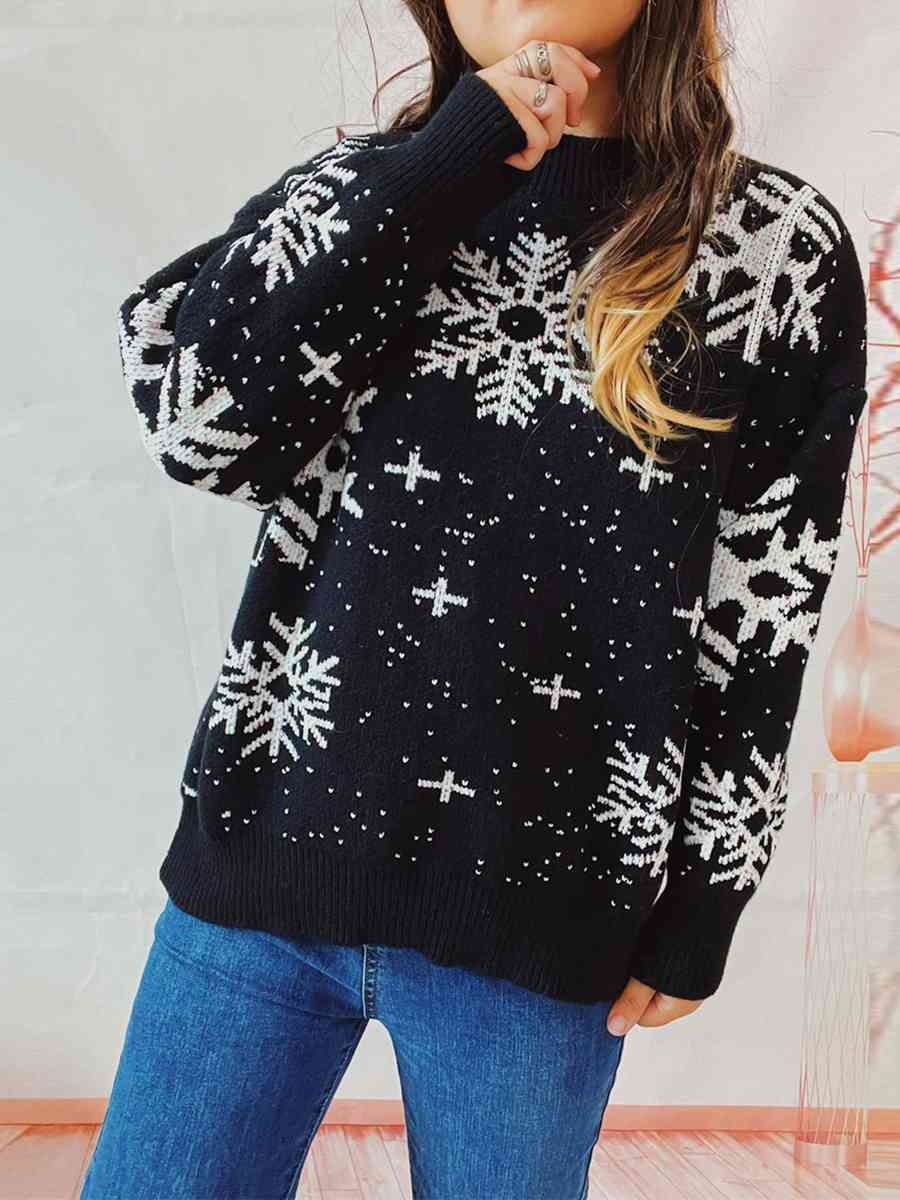 Snowflake Pattern Dropped Shoulder Sweater Trendsi