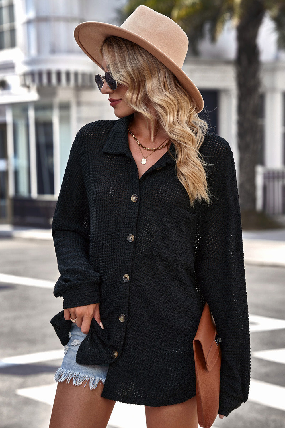 Waffle-Knit Collared Neck Dropped Shoulder Shirt Trendsi