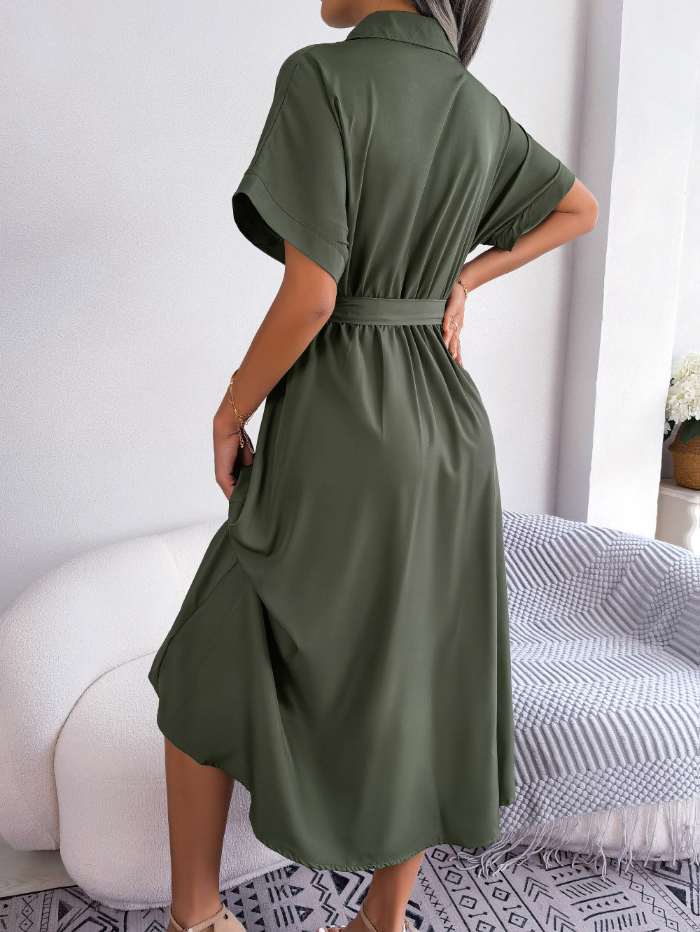 Short Sleeve Collared Tie Belt Dress Trendsi