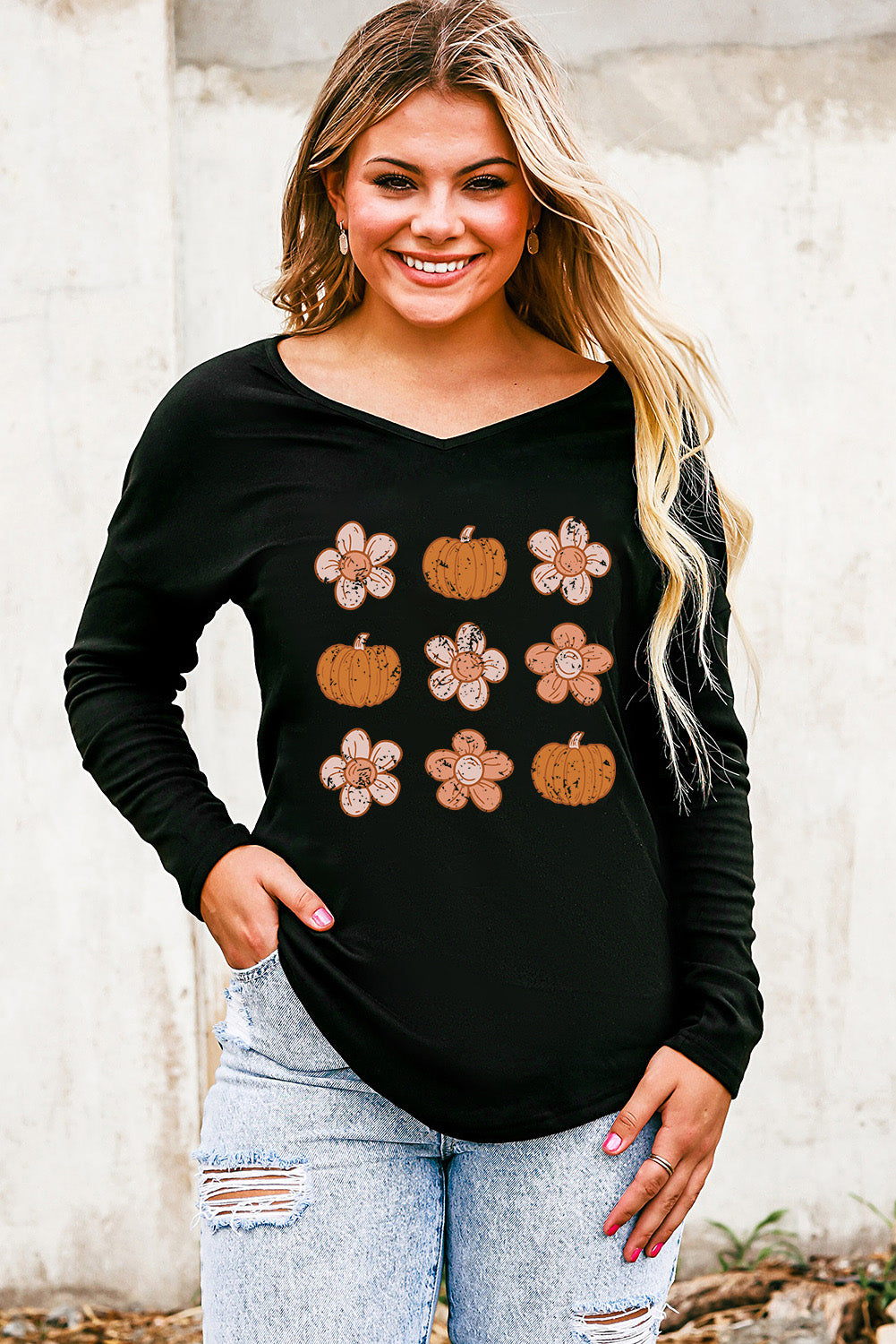 V-Neck Short Sleeve Pumpkin & Flower Graphic T-Shirt Trendsi