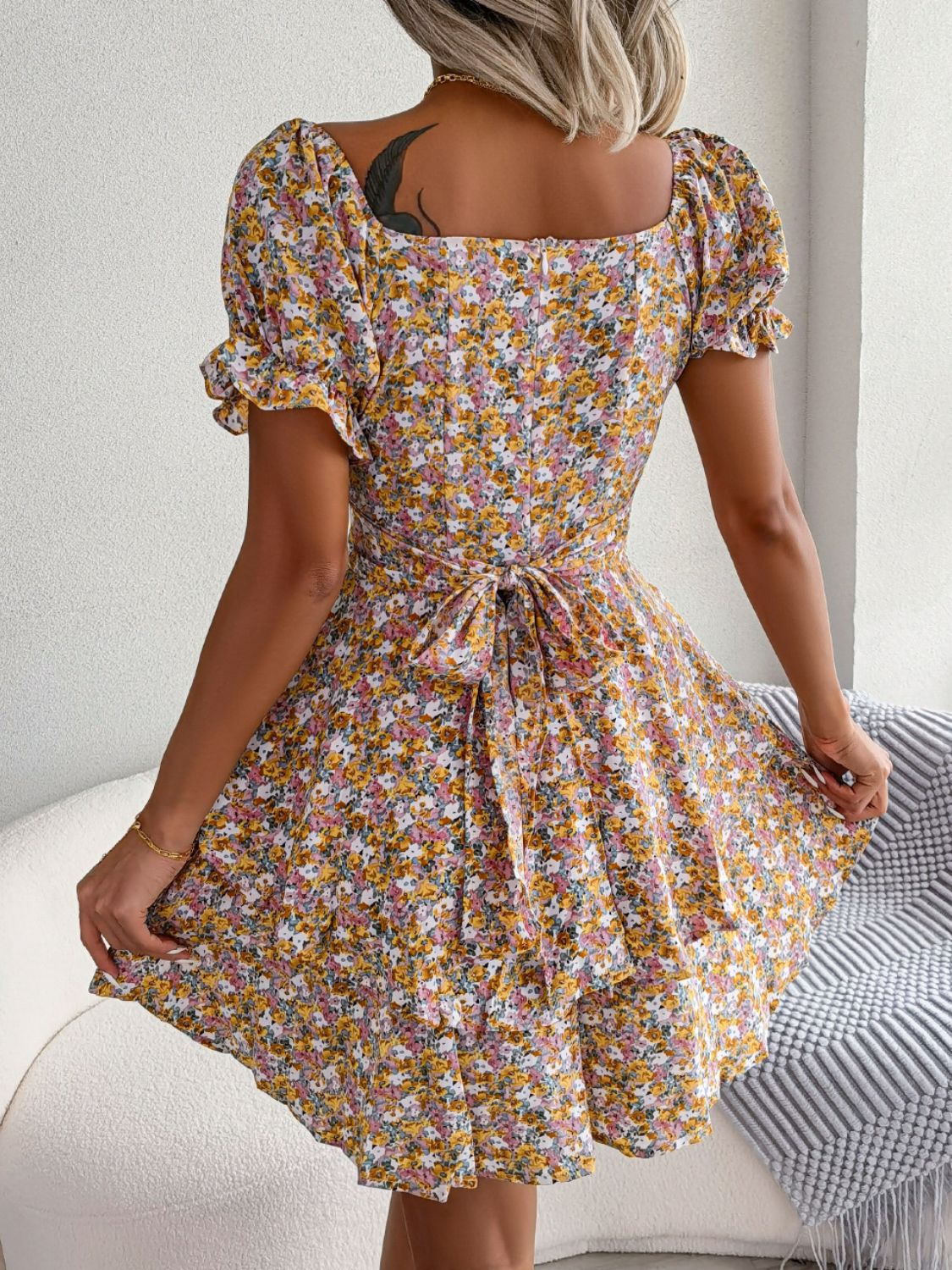 Floral Sweetheart Neck Flounce Sleeve Mini Dress Trendsi