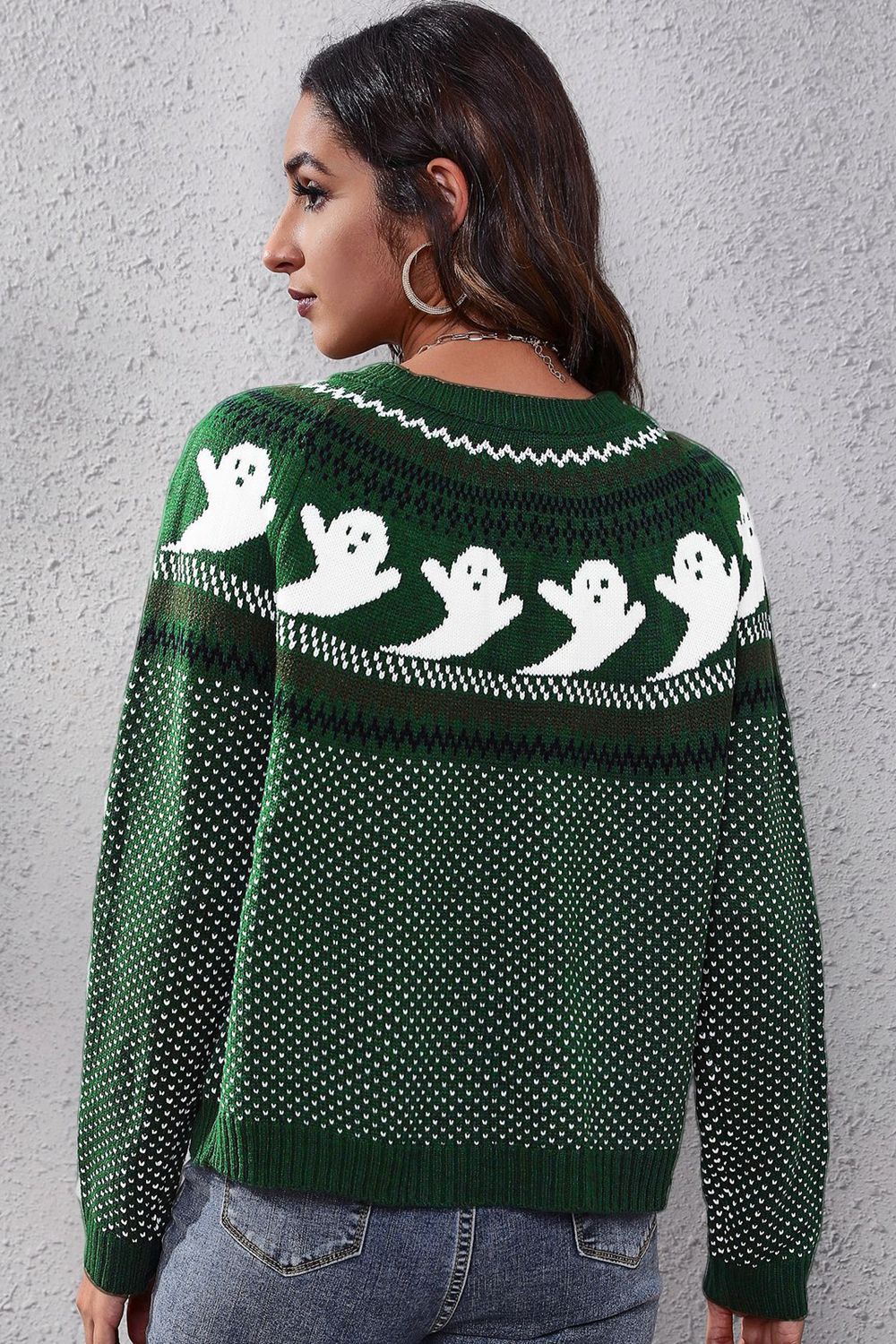 Ghost Pattern Round Neck Long Sleeve Sweater Trendsi