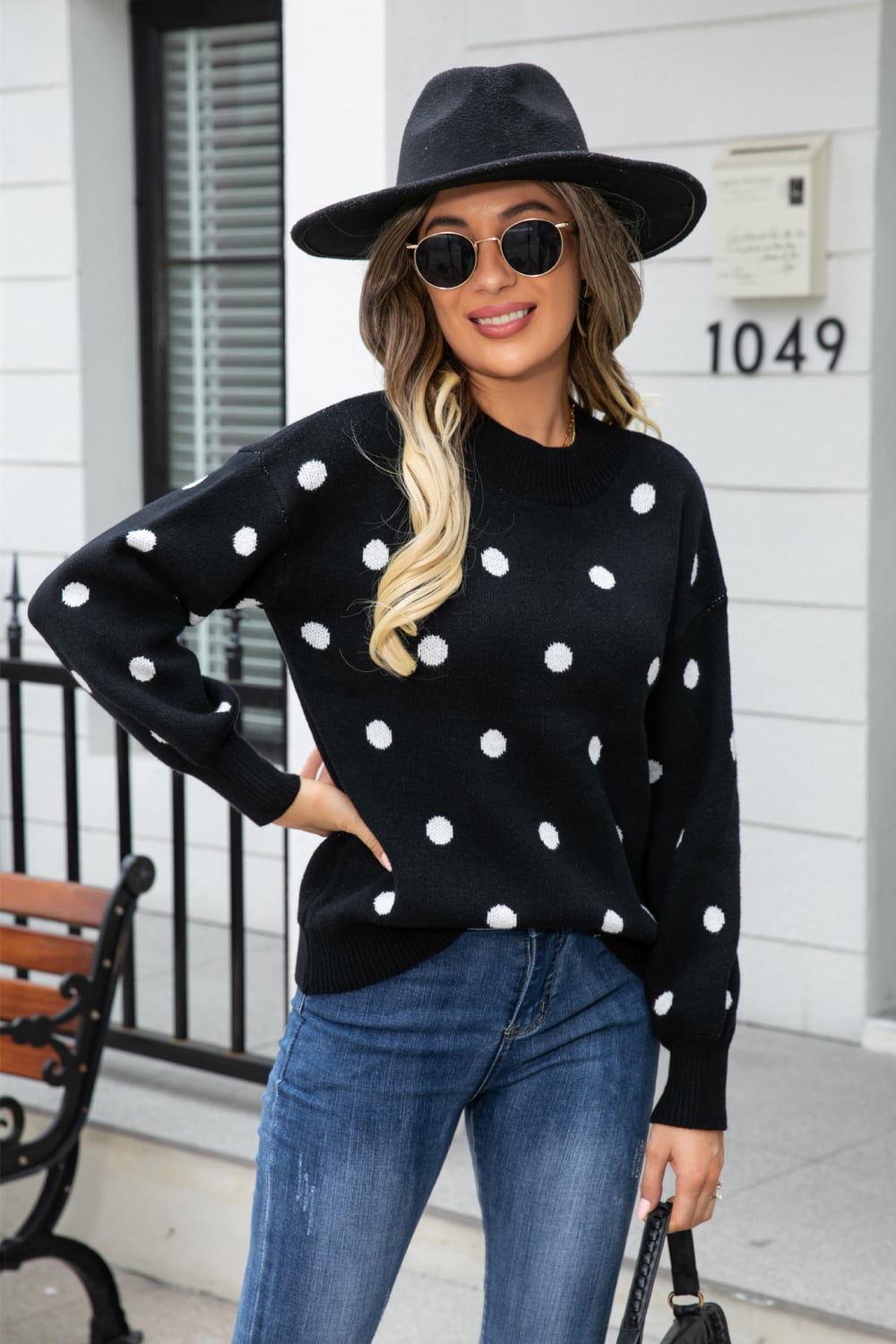 Woven Right Polka Dot Round Neck Dropped Shoulder Sweater Trendsi