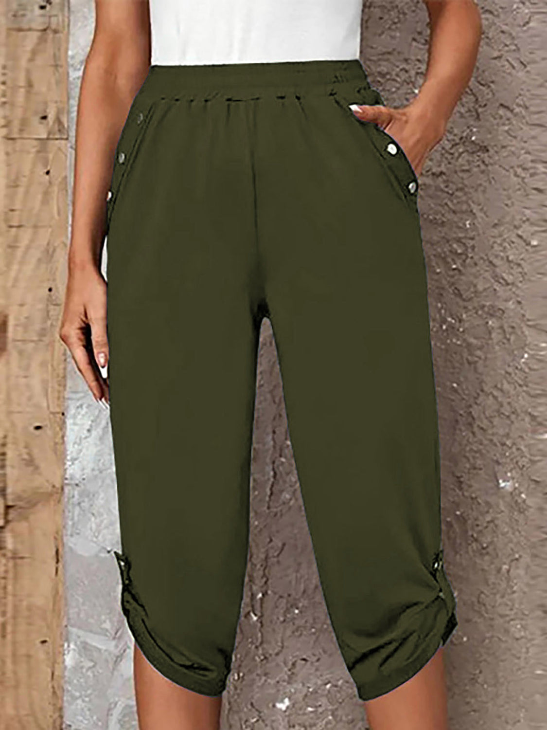 Full Size Roll-Tab Capris Pants Trendsi