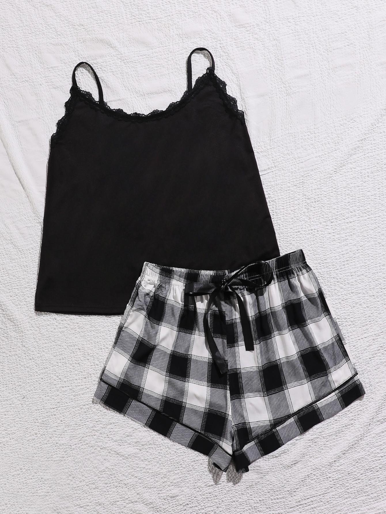 Plus Size Lace Trim Scoop Neck Cami and Printed Shorts Pajama Set Trendsi
