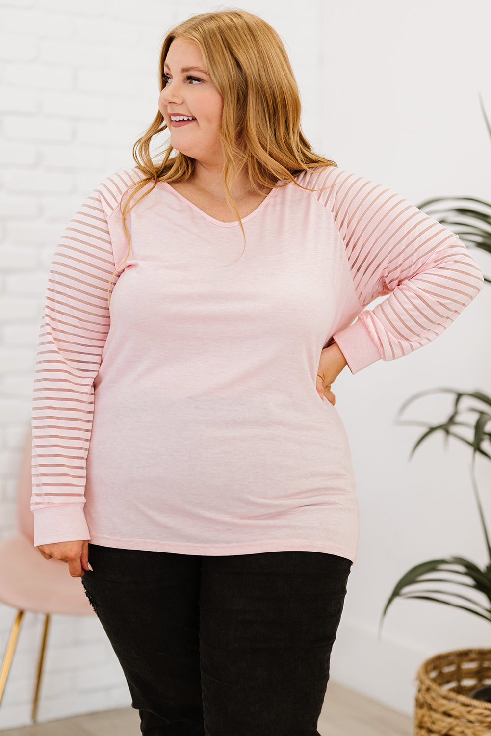 Plus Size Sheer Striped Sleeve V-Neck Top Trendsi