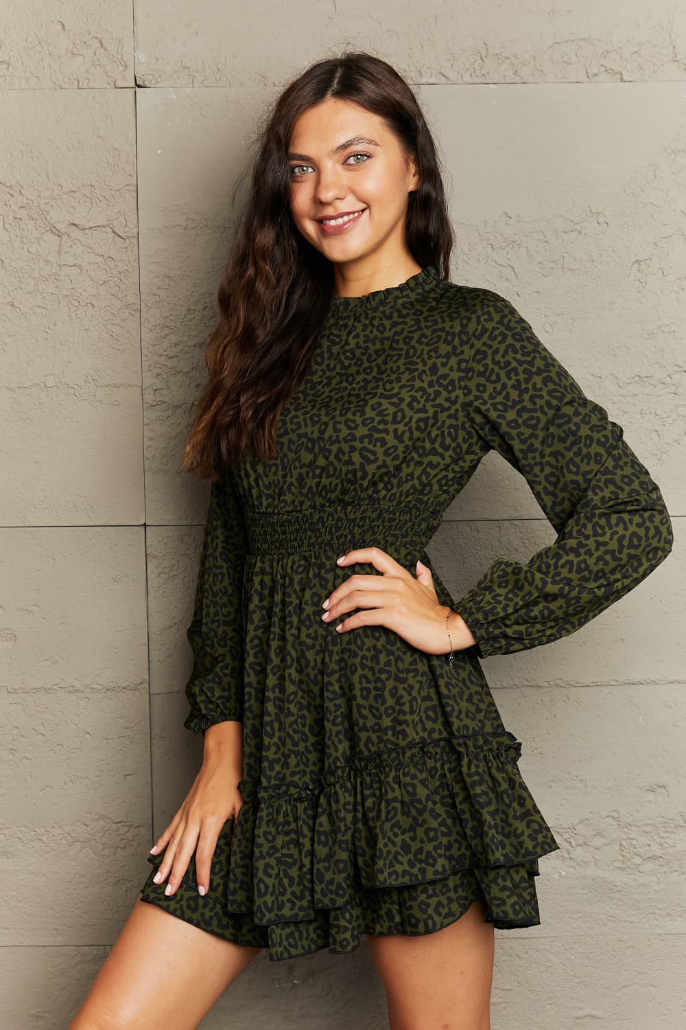Leopard Smock Waist Long Sleeve Dress Trendsi