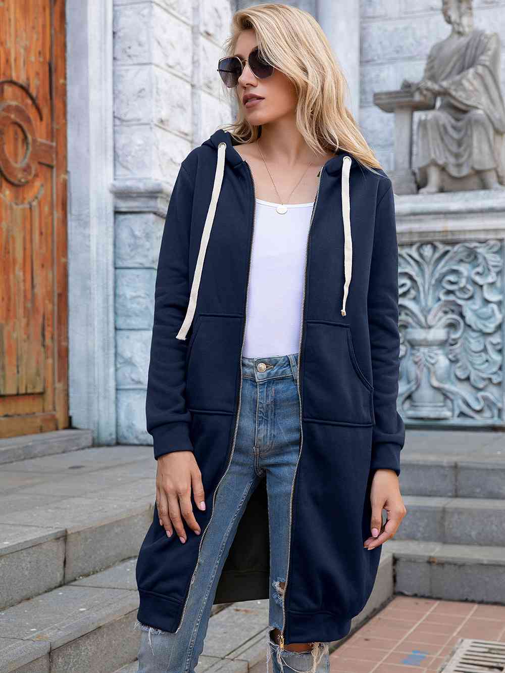 Full Size Zip-Up Longline Hoodie with Pockets Trendsi
