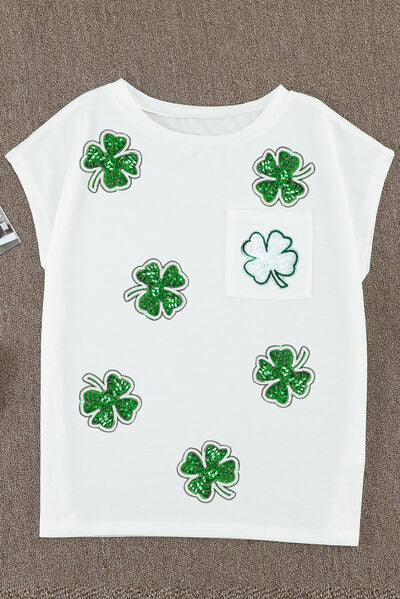 Sequin Lucky Clover Boat Neck T-Shirt Trendsi