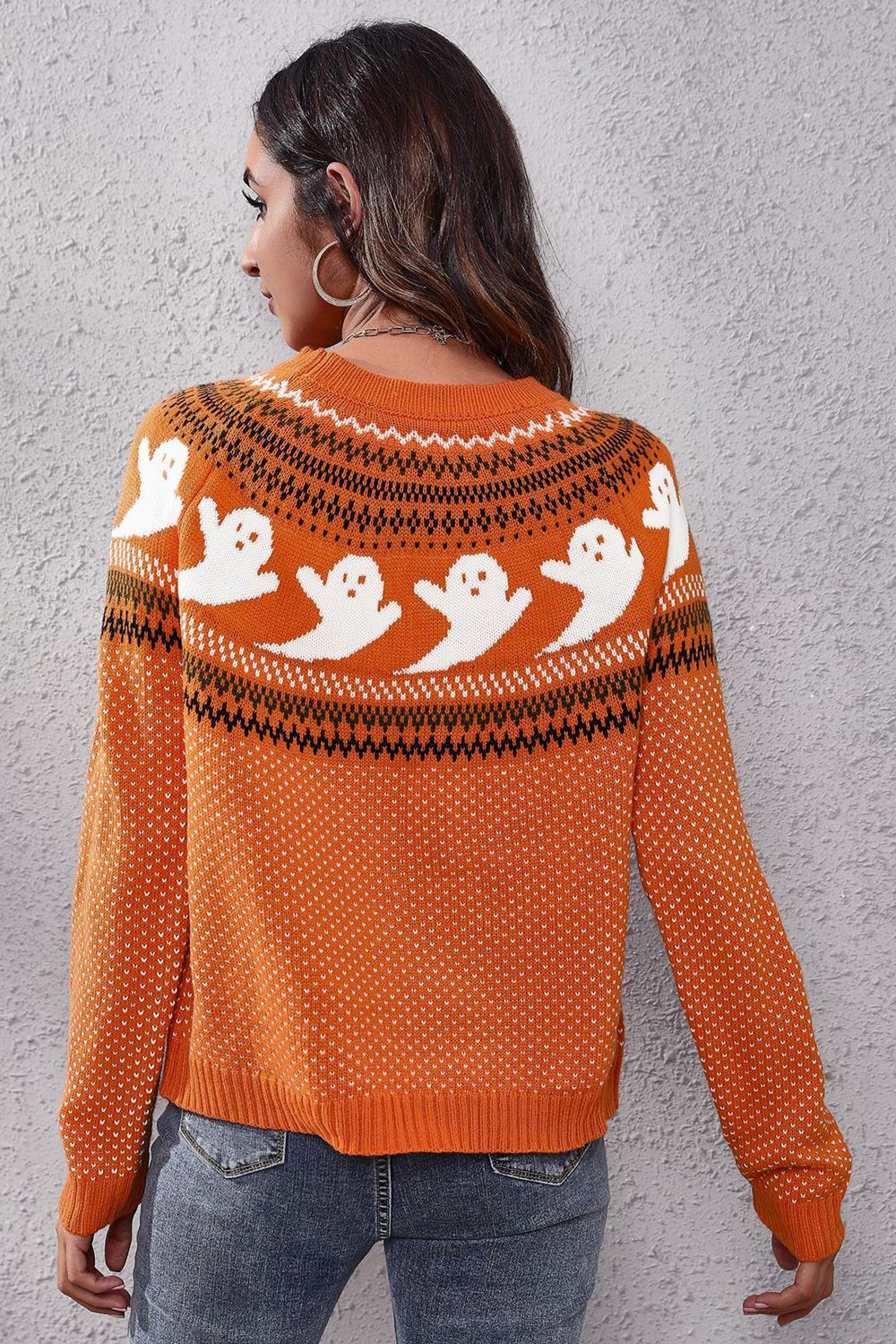 Ghost Pattern Round Neck Long Sleeve Sweater Trendsi