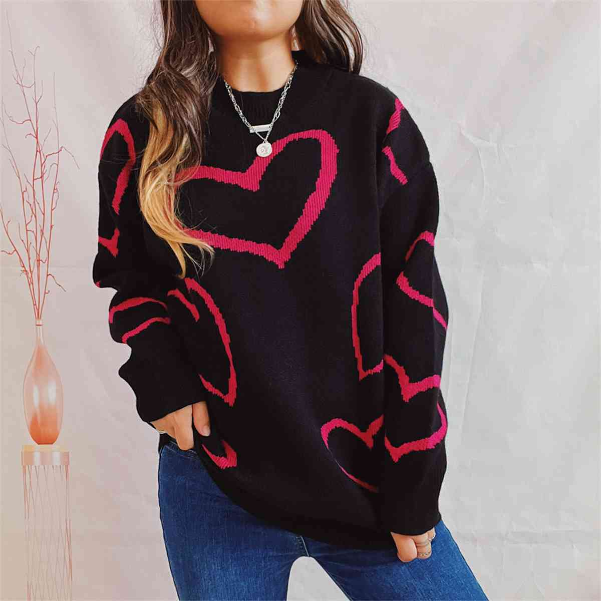 Heart Pattern Long Sleeve Sweater Trendsi