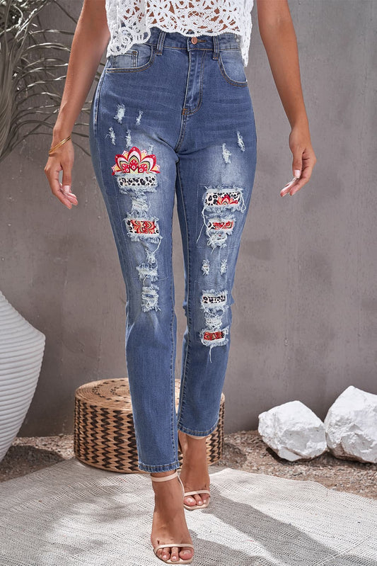 Baeful Leopard Patch Ankle-Length Jeans Trendsi