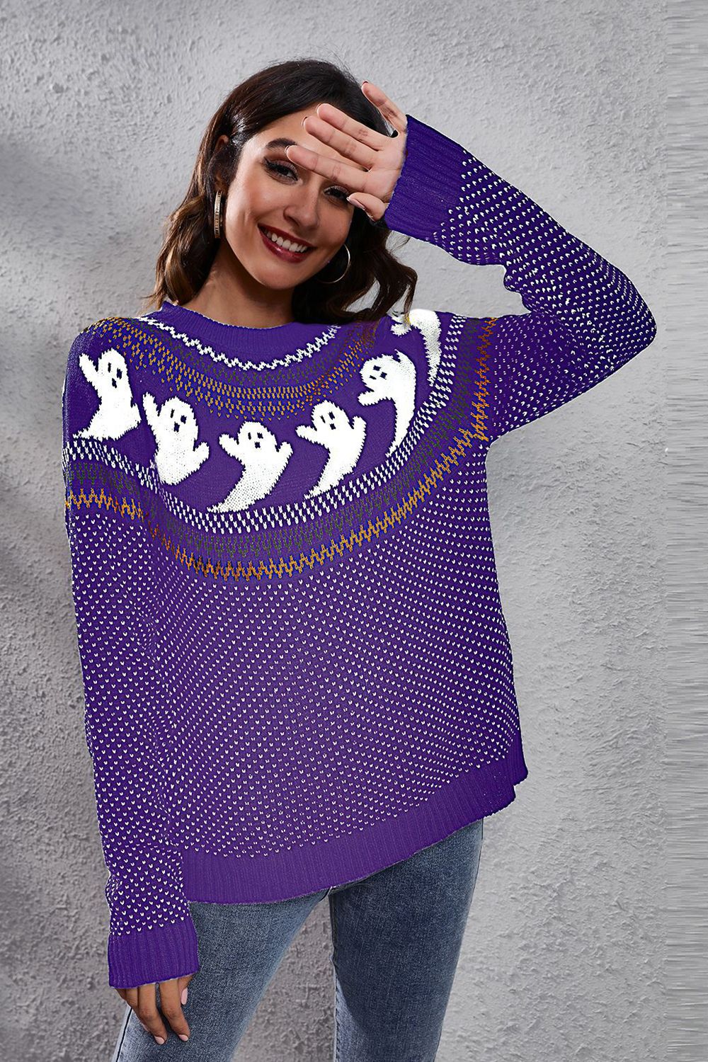 Ghost Pattern Round Neck Long Sleeve Sweater Trendsi