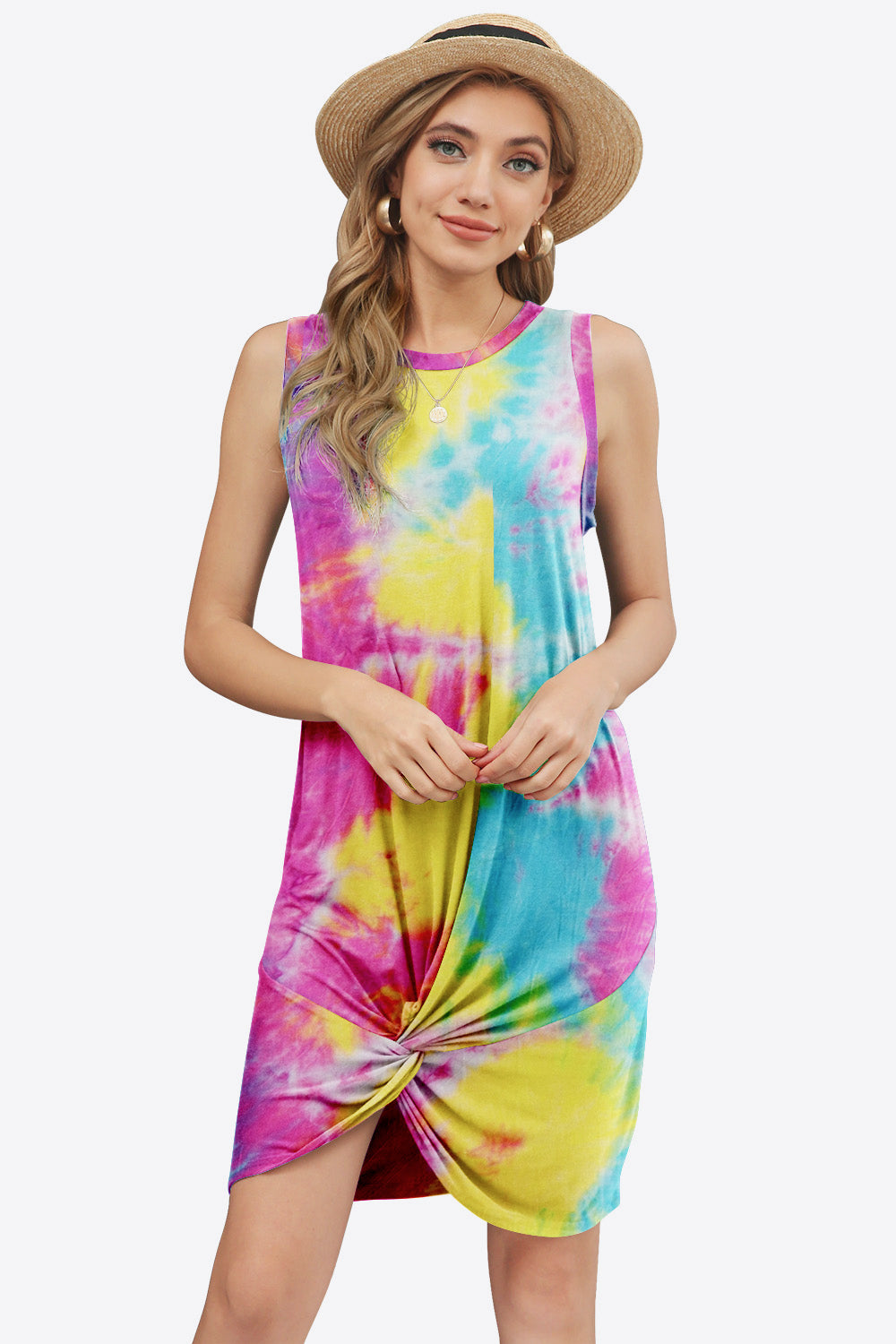 Tie-Dye Twisted Round Neck Sleeveless Dress Trendsi