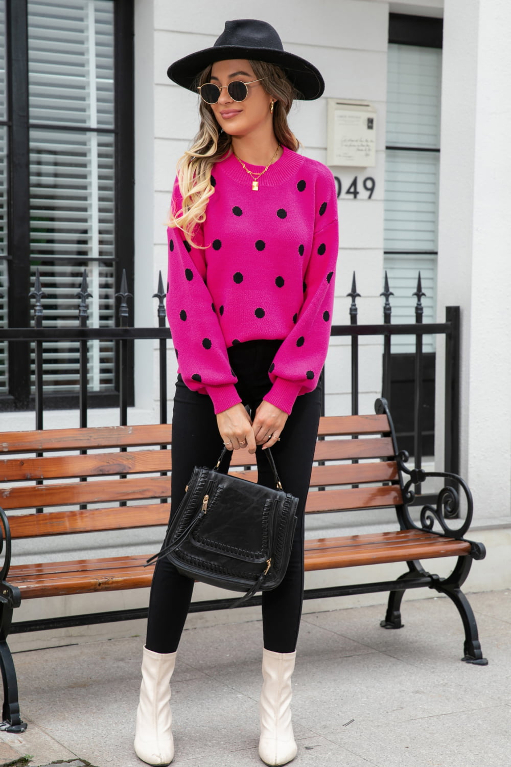 Woven Right Polka Dot Round Neck Dropped Shoulder Sweater Trendsi