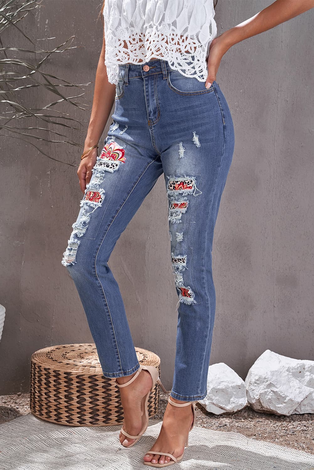 Baeful Leopard Patch Ankle-Length Jeans Trendsi