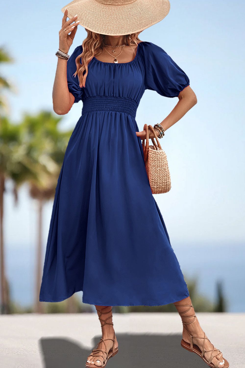 Square Neck Smocked Waist Puff Sleeve Midi Dress Trendsi