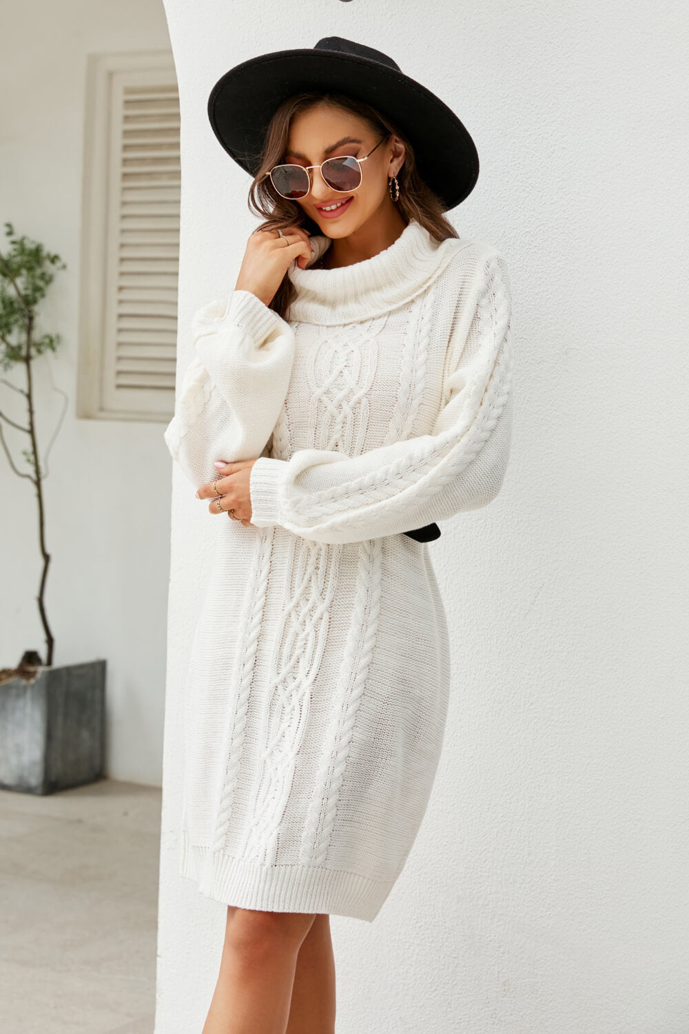 Woven Right Mixed Knit Turtleneck Lantern Sleeve Sweater Dress Trendsi