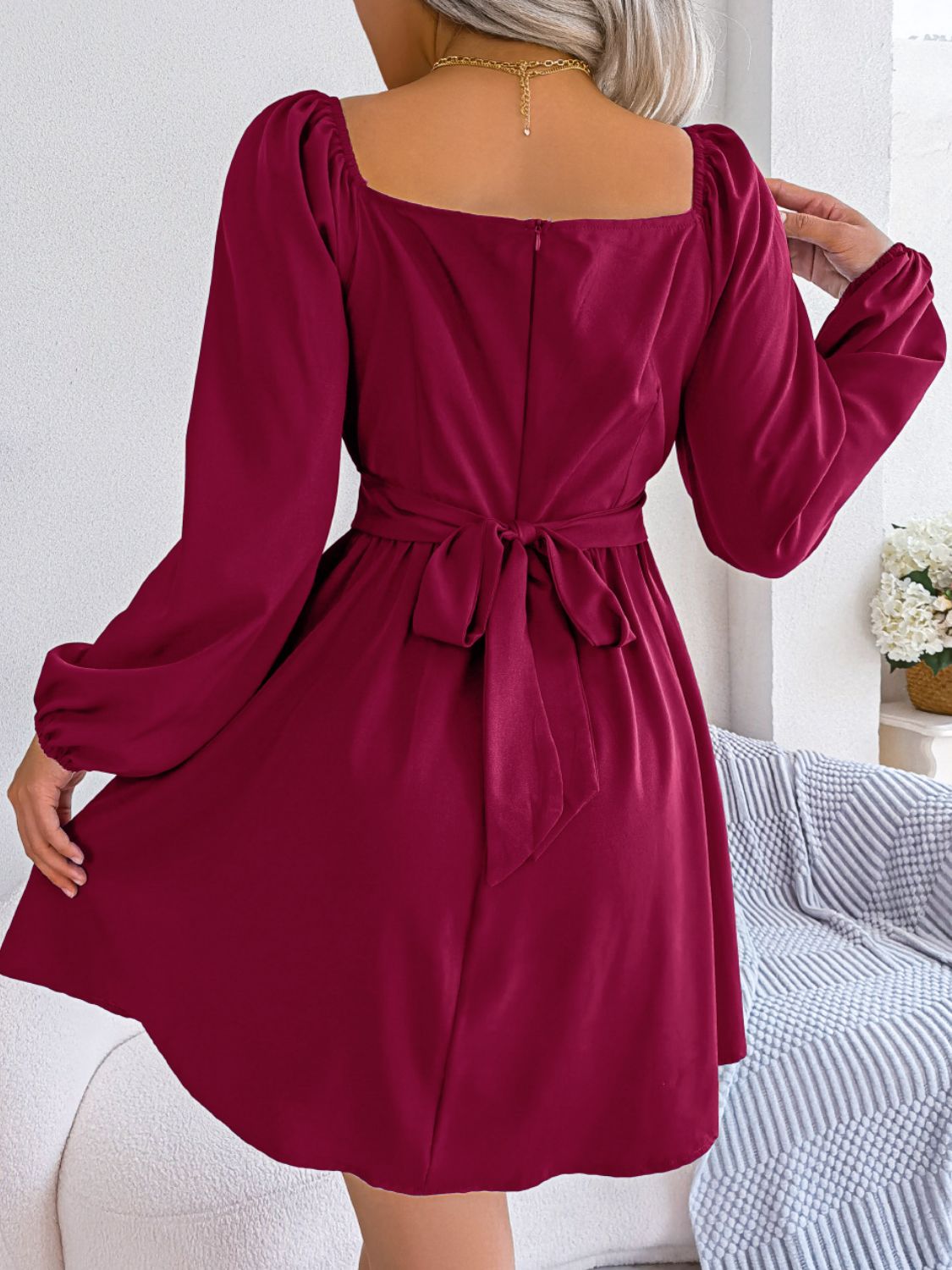 Tied Square Neck Balloon Sleeve Dress Trendsi