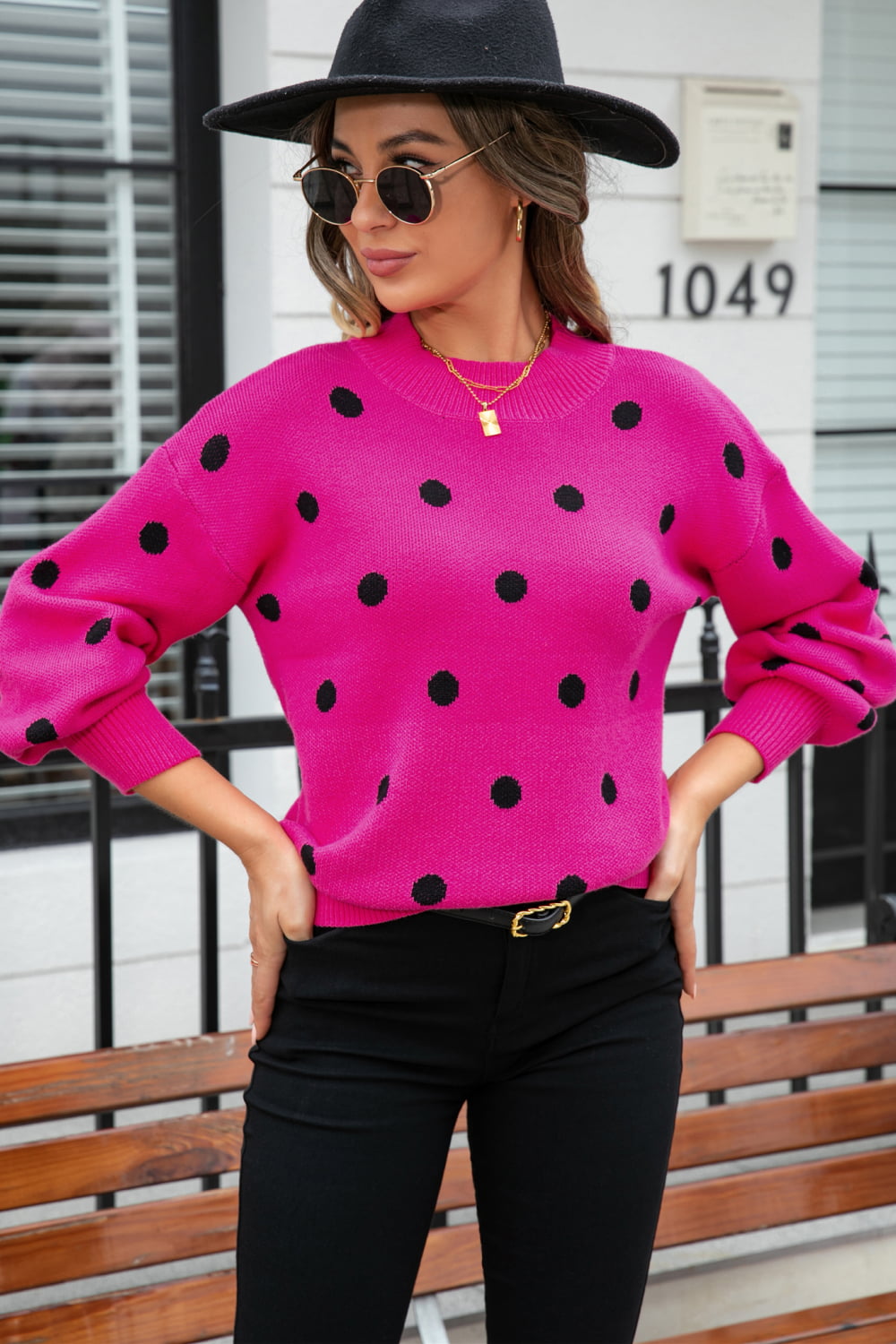 Woven Right Polka Dot Round Neck Dropped Shoulder Sweater Trendsi