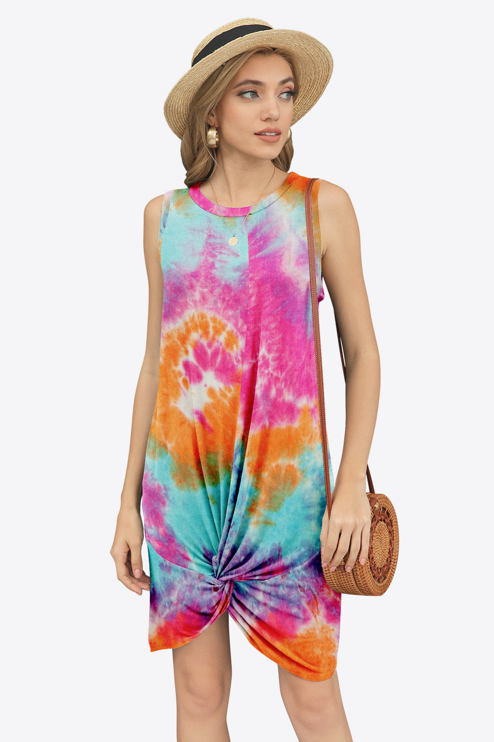 Tie-Dye Twisted Round Neck Sleeveless Dress Trendsi