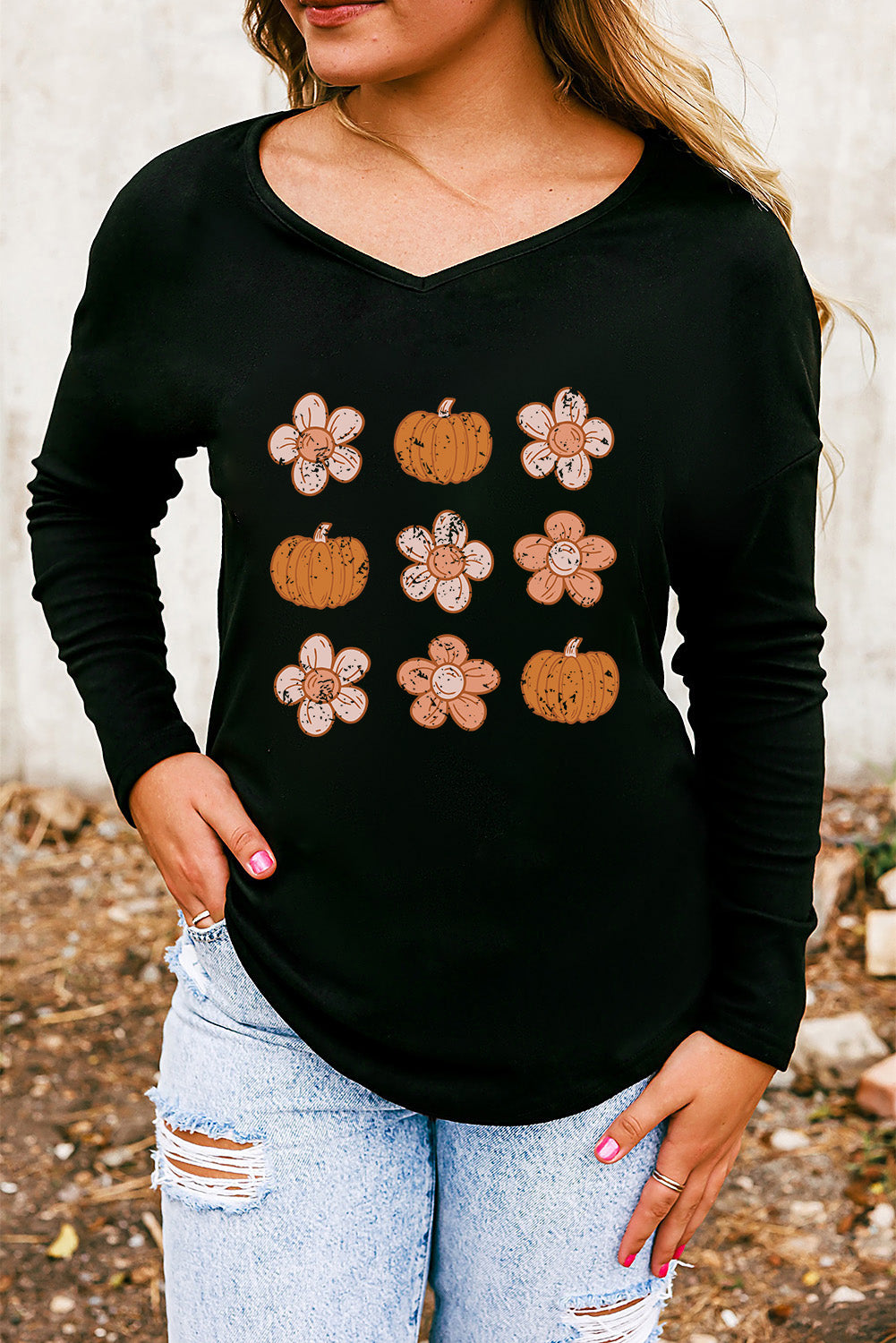 V-Neck Short Sleeve Pumpkin & Flower Graphic T-Shirt Trendsi