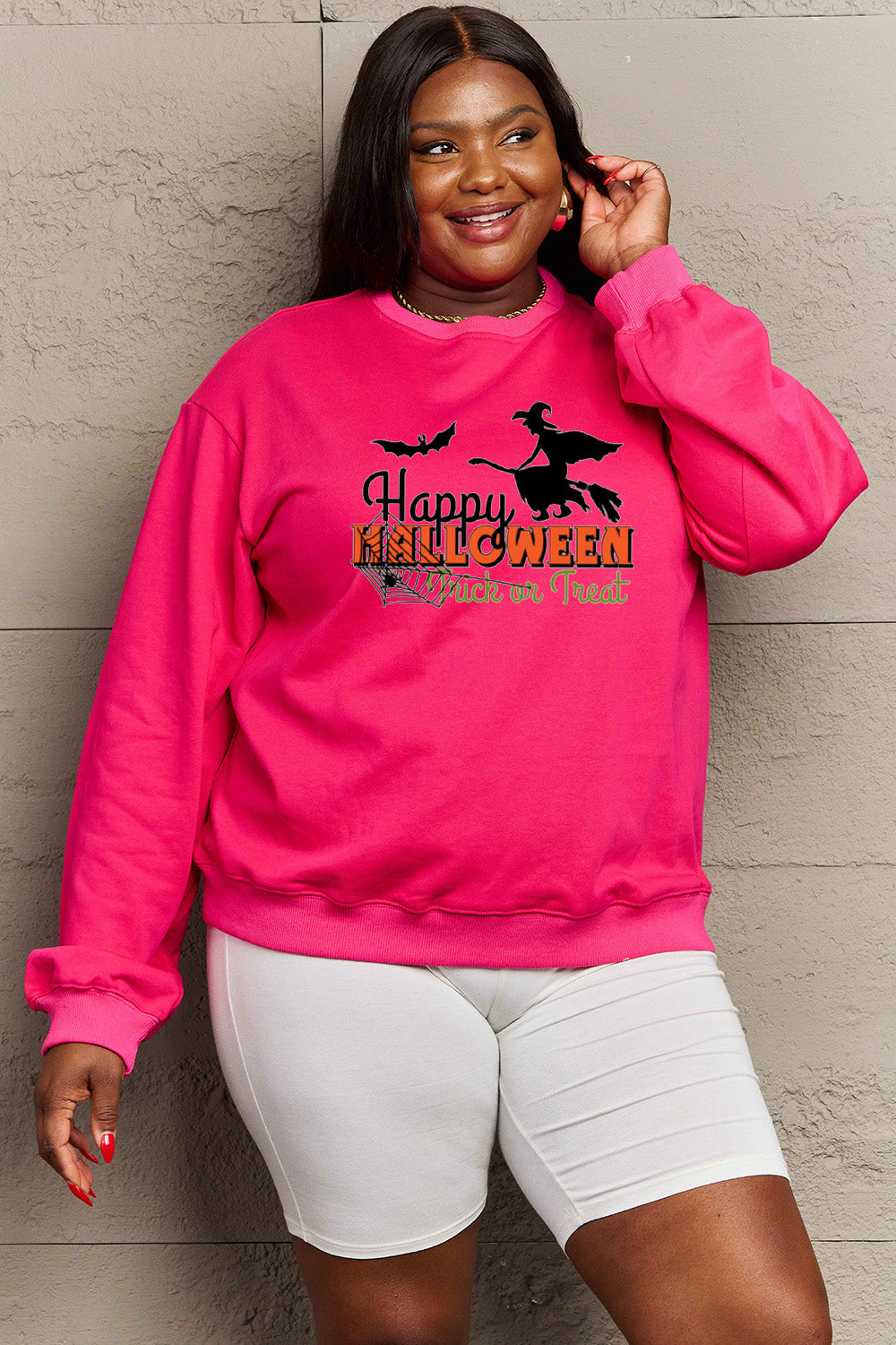 Simply Love Full Size HAPPY HALLOWEEN TRICK OR TREAT Graphic Sweatshirt Trendsi