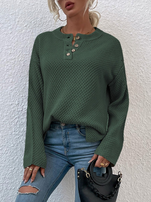 Quarter-Button Slit Sweater Trendsi