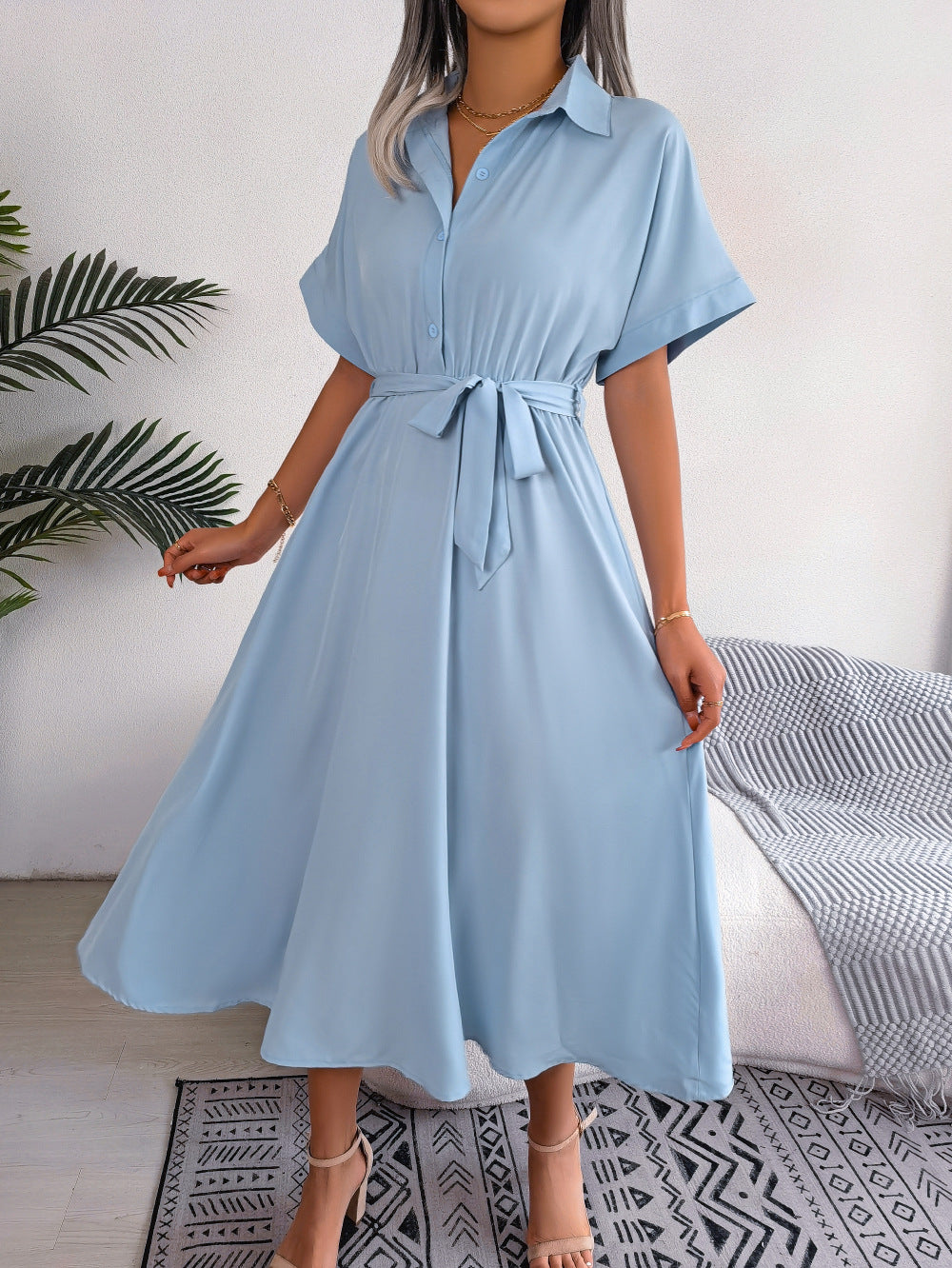 Short Sleeve Collared Tie Belt Dress Trendsi