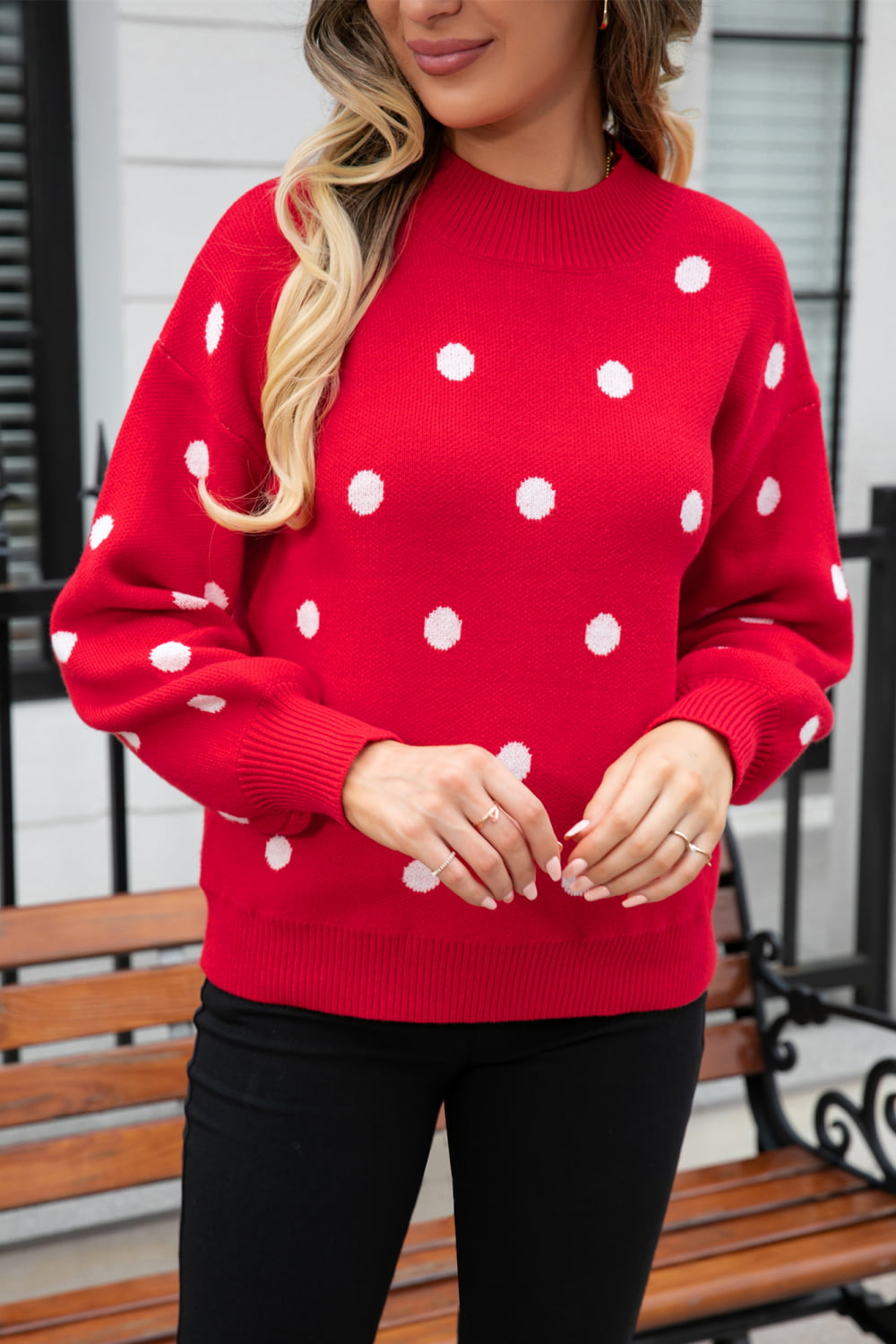 Woven Right Polka Dot Round Neck Dropped Shoulder Sweater Trendsi