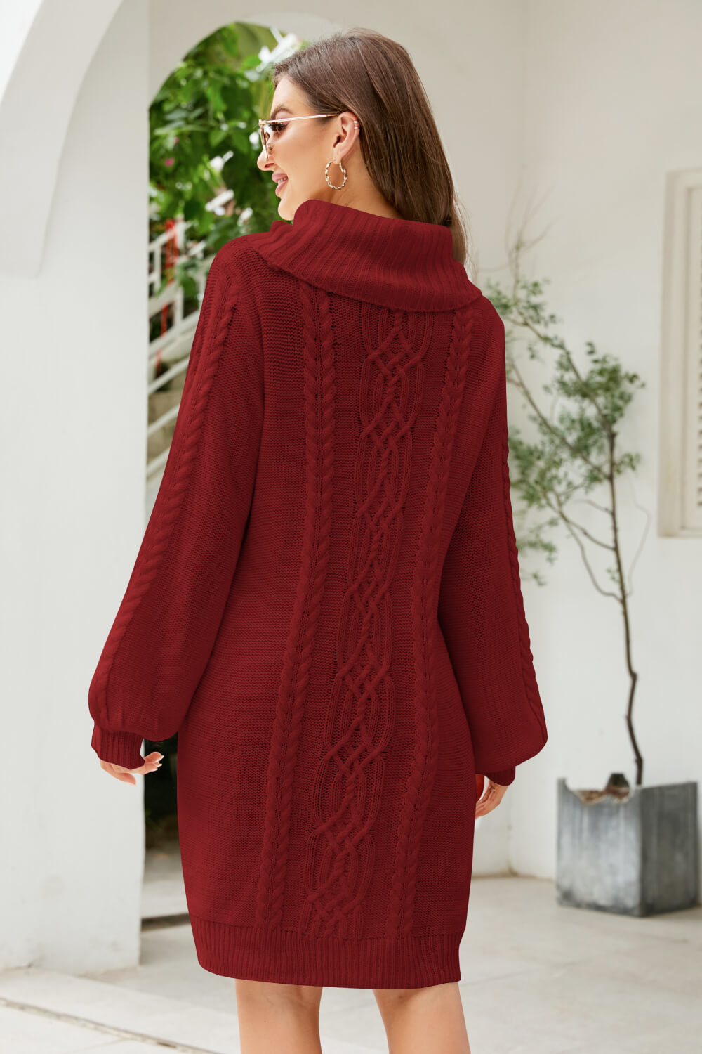 Woven Right Mixed Knit Turtleneck Lantern Sleeve Sweater Dress Trendsi