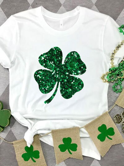 Lucky Clover Sequin Round Neck T-Shirt Trendsi