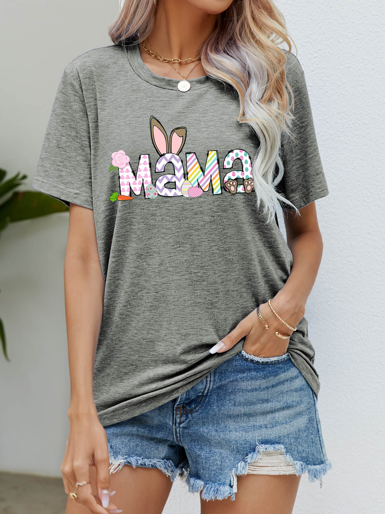 Easter MAMA Graphic Round Neck T-Shirt Trendsi