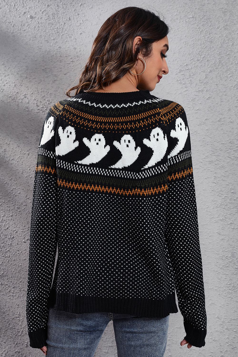 Ghost Pattern Round Neck Long Sleeve Sweater Trendsi