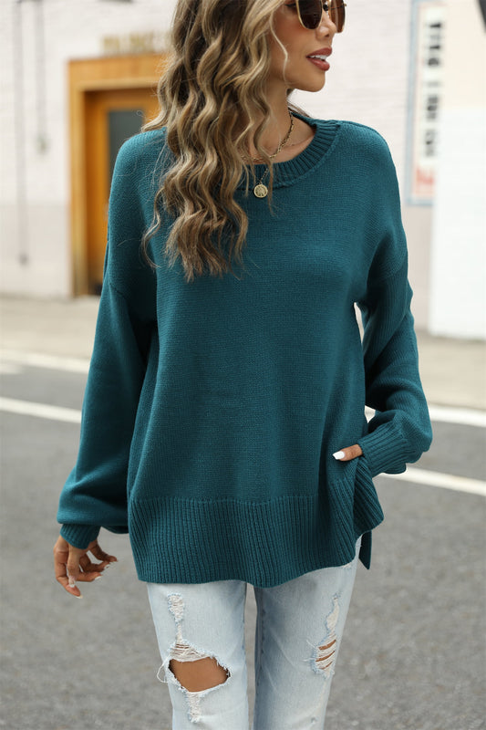 Round Neck Dropped Shoulder Slit Sweater Trendsi