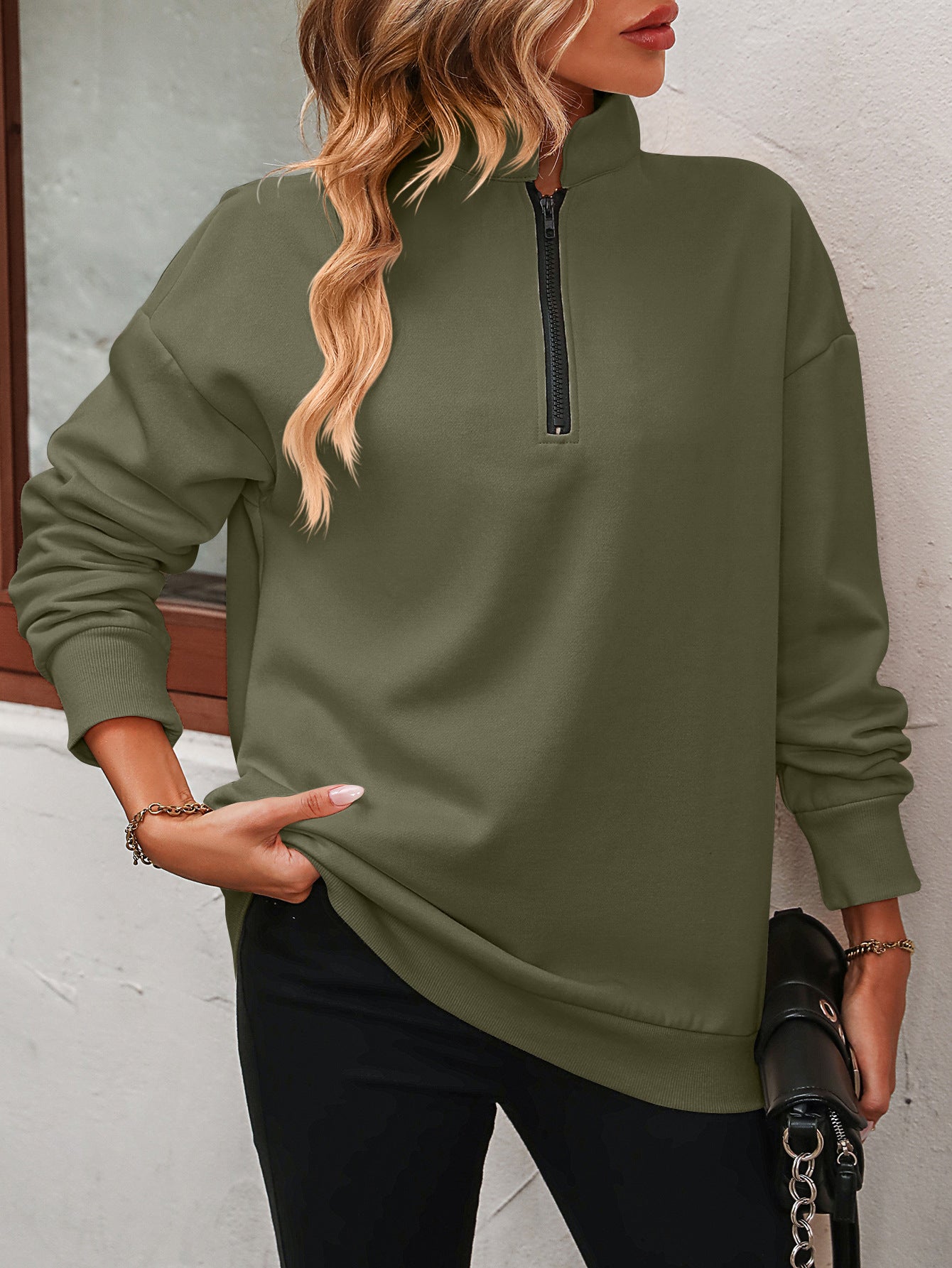 Zip-Up Dropped Shoulder Sweatshirt Trendsi