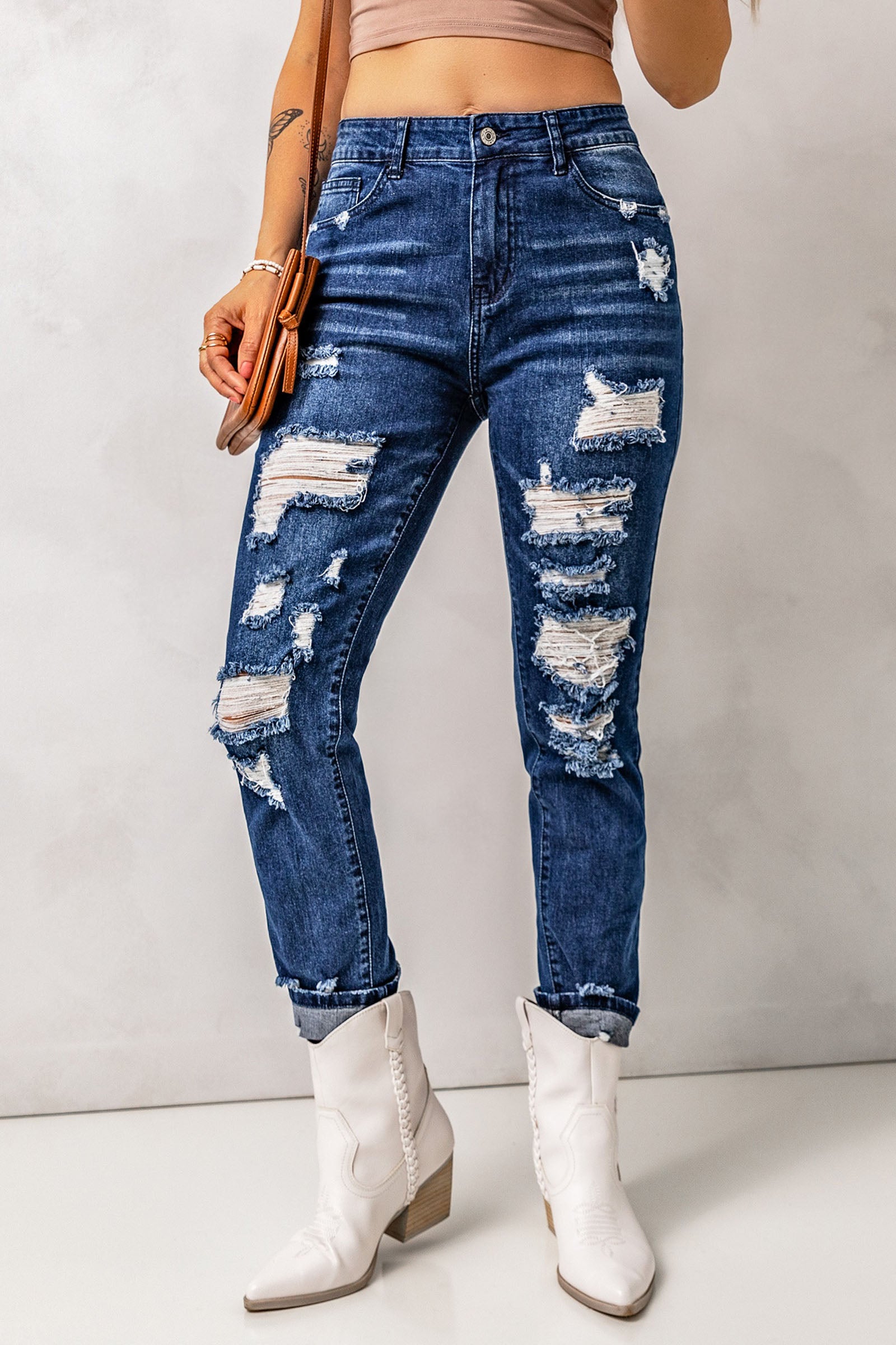 Baeful Distressed High Waist Jeans with Pockets Trendsi