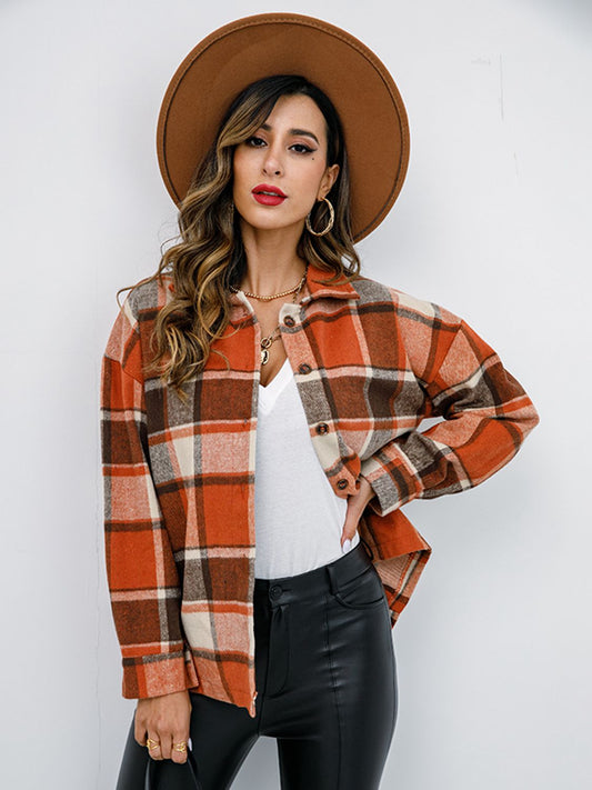 Plaid Button-Down Jacket Trendsi