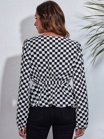 Checkered V-Neck Balloon Sleeve Peplum Blouse Trendsi