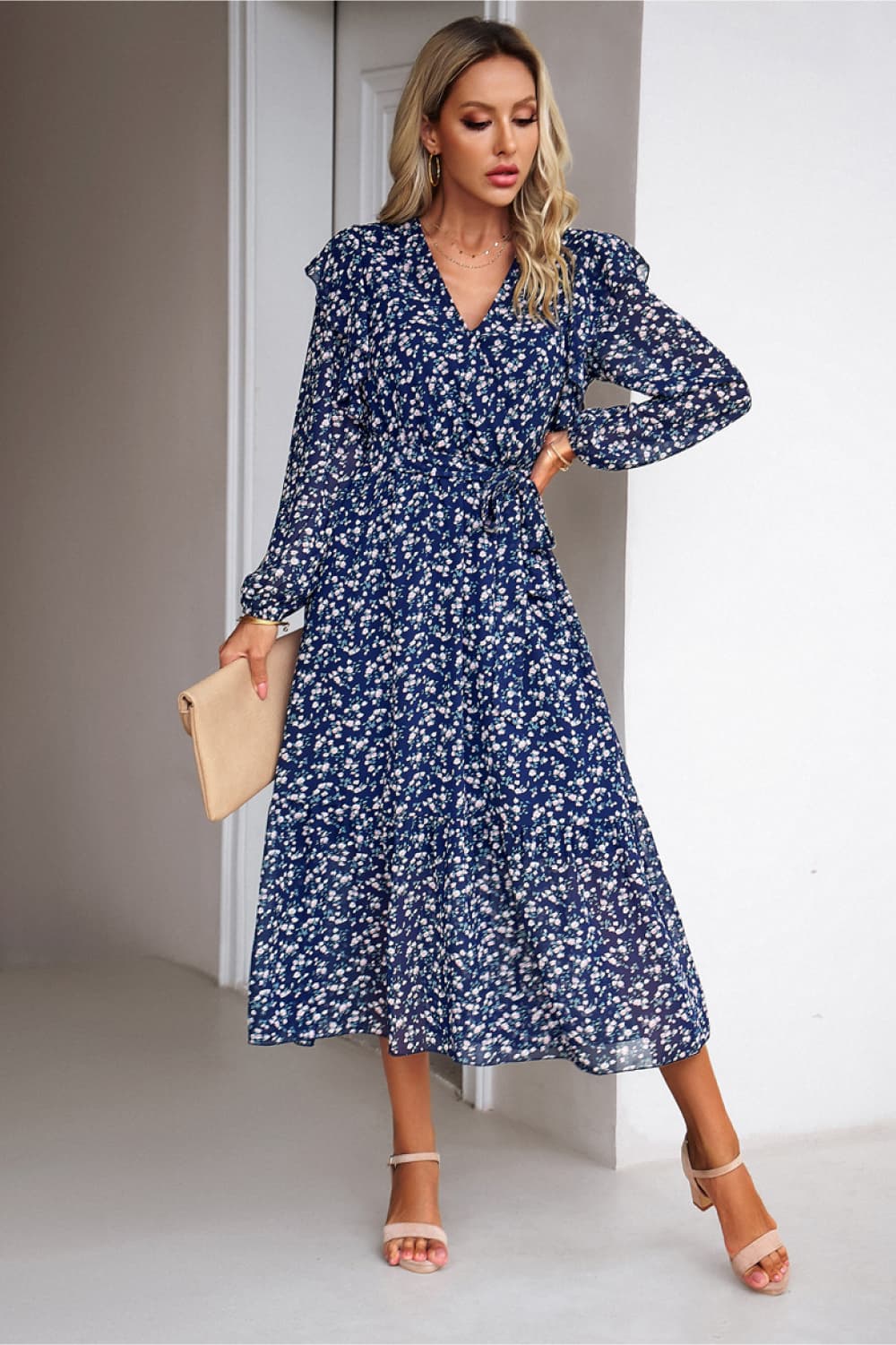 Surplice Neck Balloon Sleeve Midi Dress Trendsi