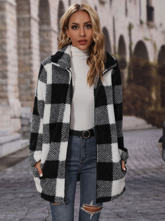 Plaid Collared Neck Coat with Pockets Trendsi