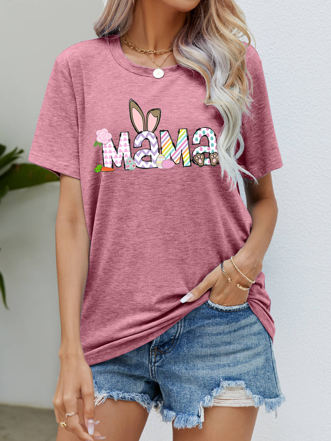Easter MAMA Graphic Round Neck T-Shirt Trendsi